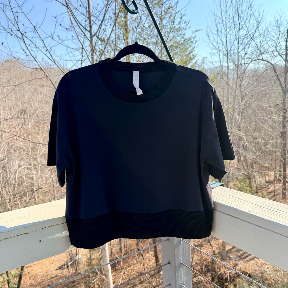 Athleta Zephyr Cropped Lightweight Loose Short Sleeve Ribbed Shirt Black Small - Picture 7 of 15